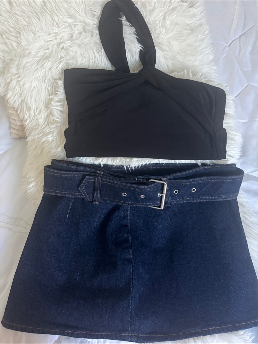 Express Black Twist Halter Crop Top and Dark Blue Denim Mini Skirt Set